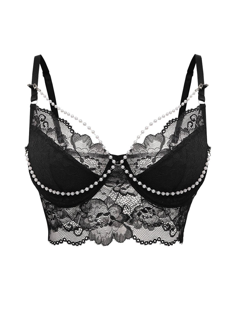 1940er Perle Kette Blumen Spitze Crop Camisole