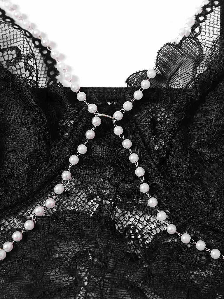 1940er Perle Kette Blumen Spitze Crop Camisole