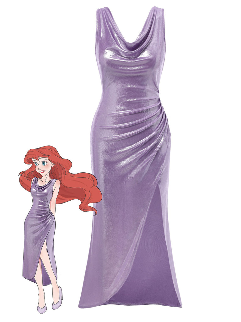 Lavendel 1960er Wasserfallausschnitt Hoher-Schlitz Perlglanz Kleid