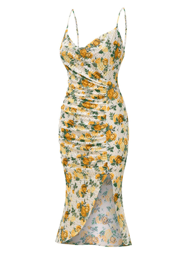 Gelb 1930er Roses Wasserfallausschnitt Fischschwanz Gerüschtes Kleid