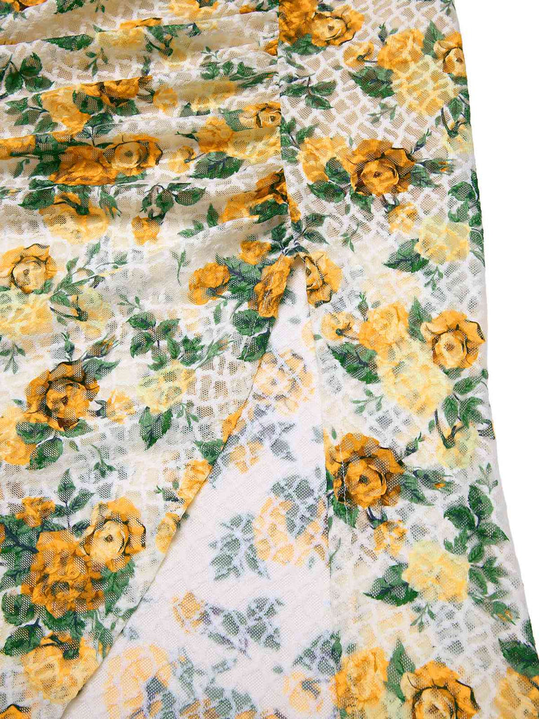 Gelb 1930er Roses Wasserfallausschnitt Fischschwanz Gerüschtes Kleid