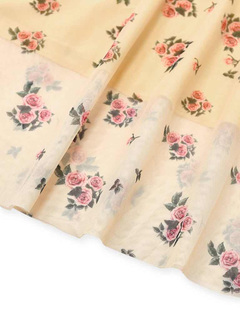 Gelb 1930er Kleine Blumen Netz Ärmellos Schleife Kleid