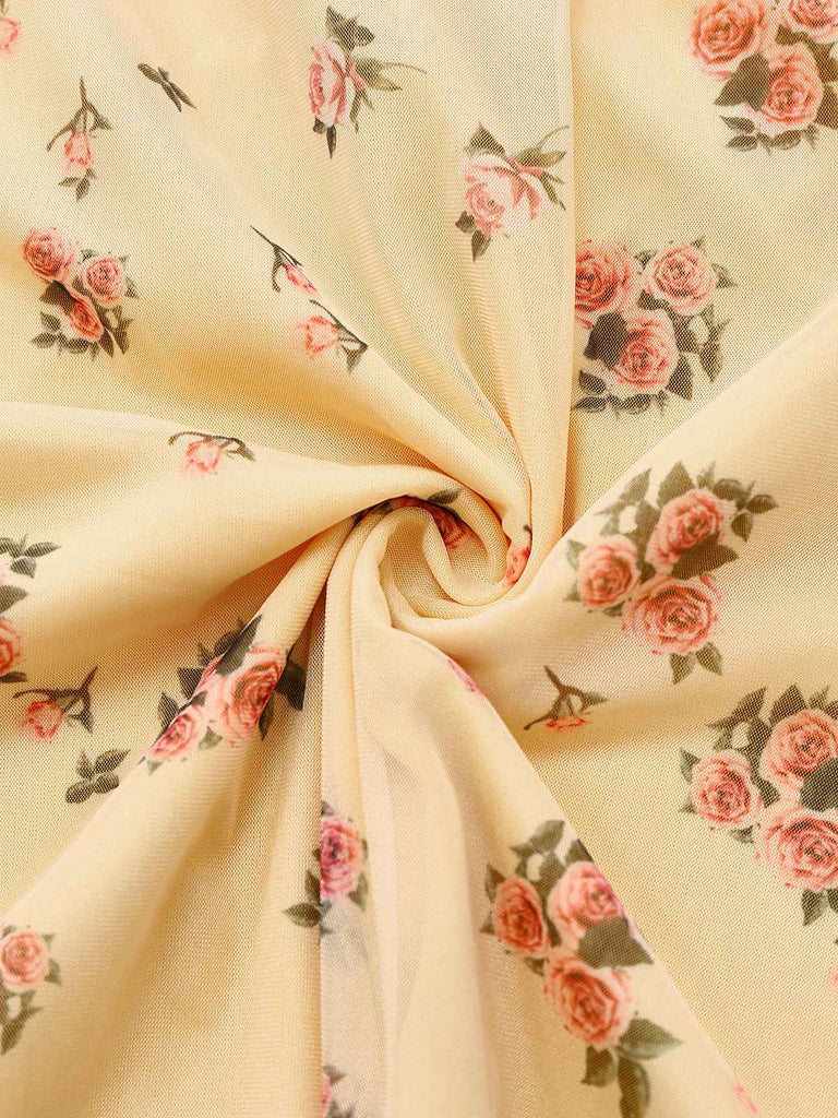 Gelb 1930er Kleine Blumen Netz Ärmellos Schleife Kleid
