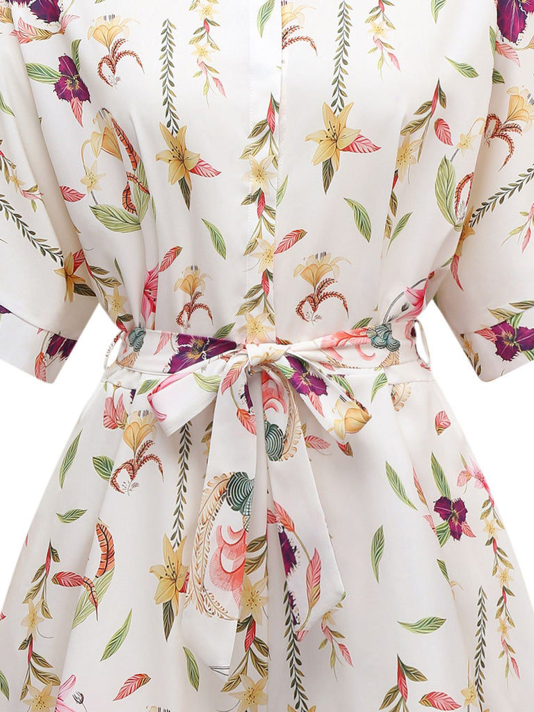 Multicolor 1950er Blumen Revers Fledermausärmel Romper