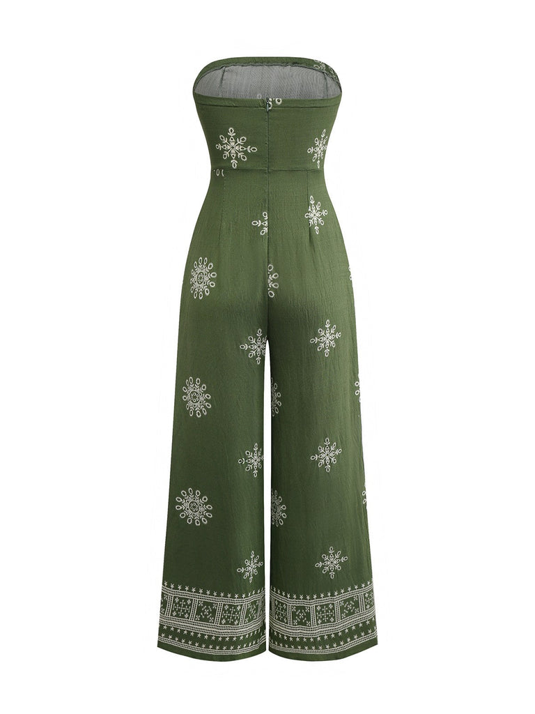 Grün 1970er Weites Bein Bohemien Bandeau Jumpsuit
