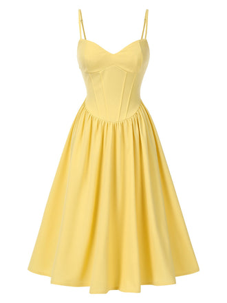 Gelb 1940er Solide Korset Spaghetti Träger Kleid
