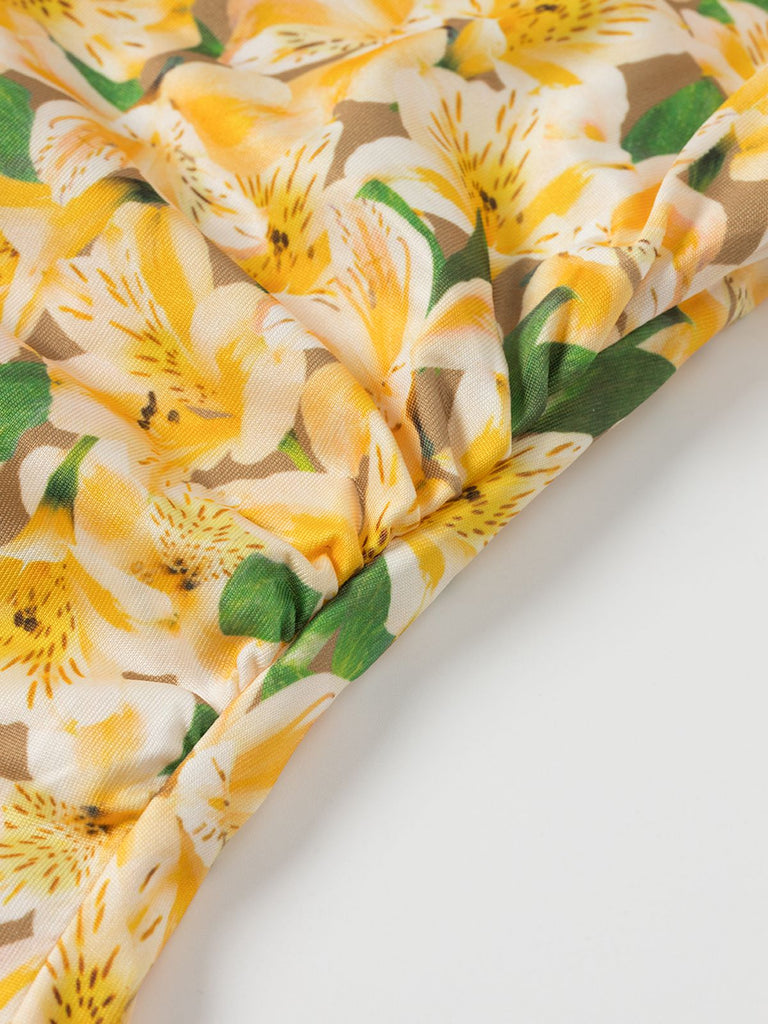 Gelb 1960er Zurück Schnürung Gerüscht Blumen Kleid