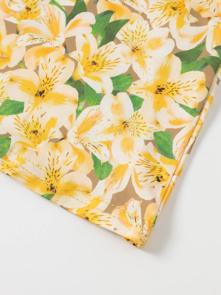 Gelb 1960er Zurück Schnürung Gerüscht Blumen Kleid