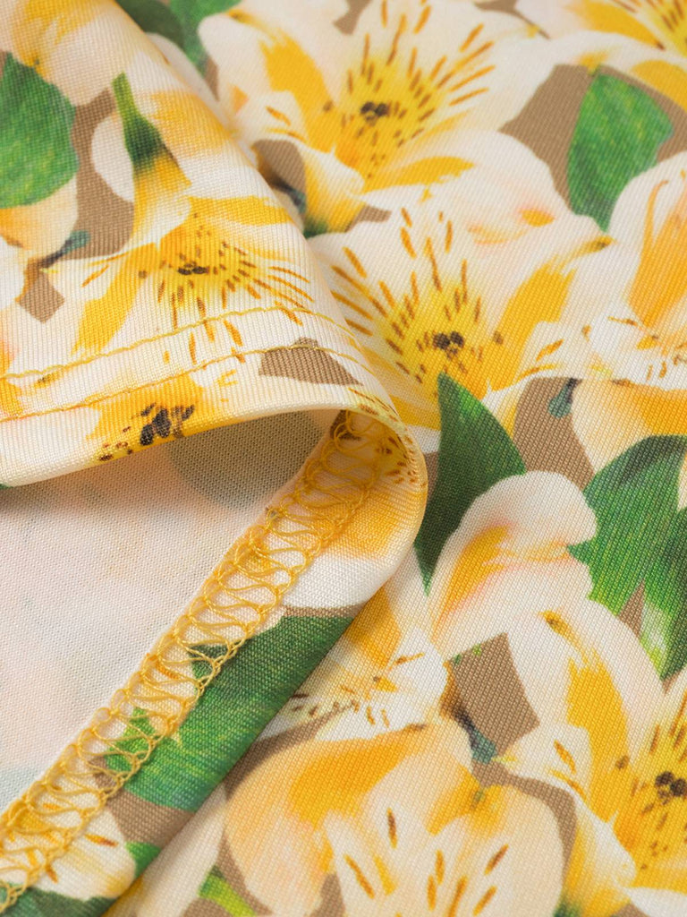Gelb 1960er Zurück Schnürung Gerüscht Blumen Kleid