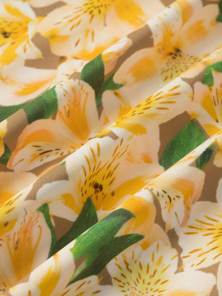 Gelb 1960er Zurück Schnürung Gerüscht Blumen Kleid