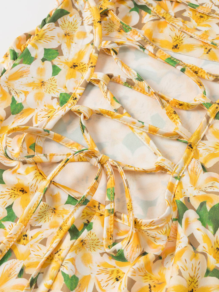 Gelb 1960er Zurück Schnürung Gerüscht Blumen Kleid