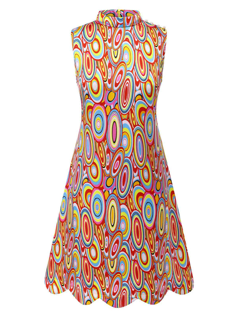 Multicolor 1960er Perle Tasten Ärmellos Kleid
