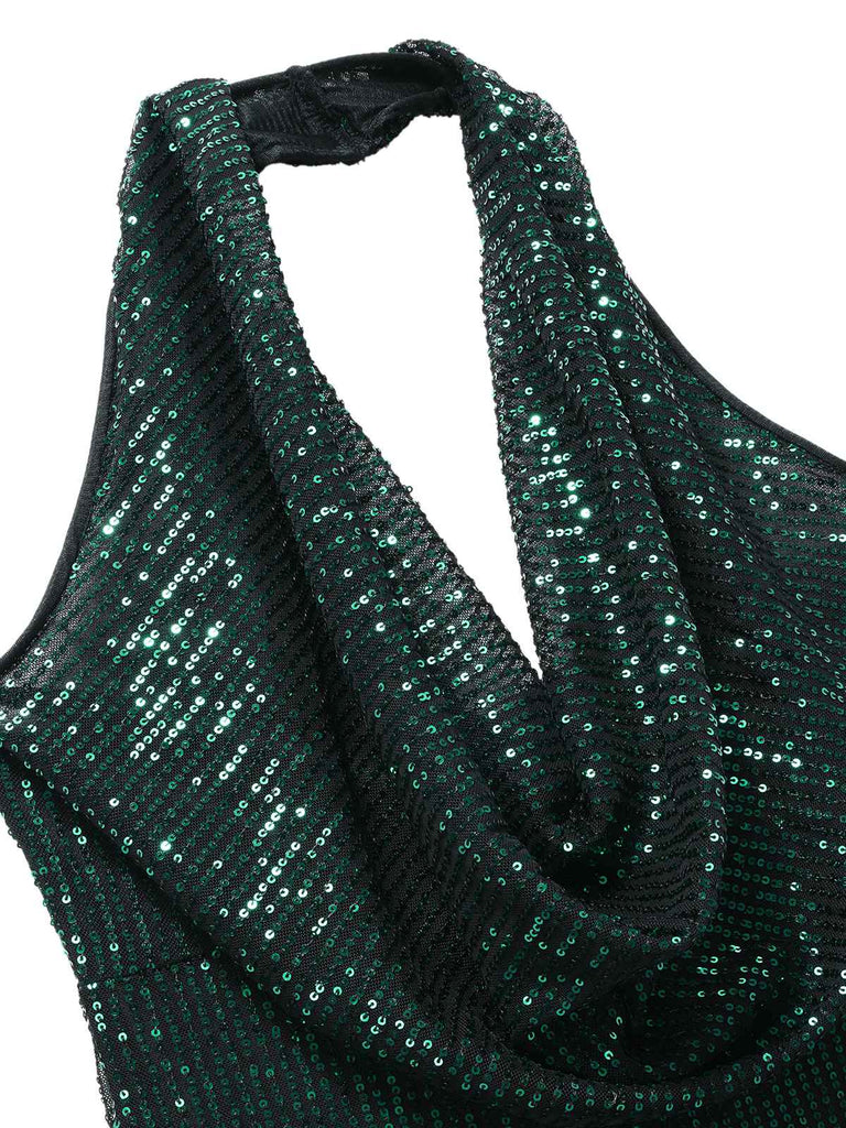 1930er Solide Wasserfallausschnitt Halfter Pailletten Jumpsuit