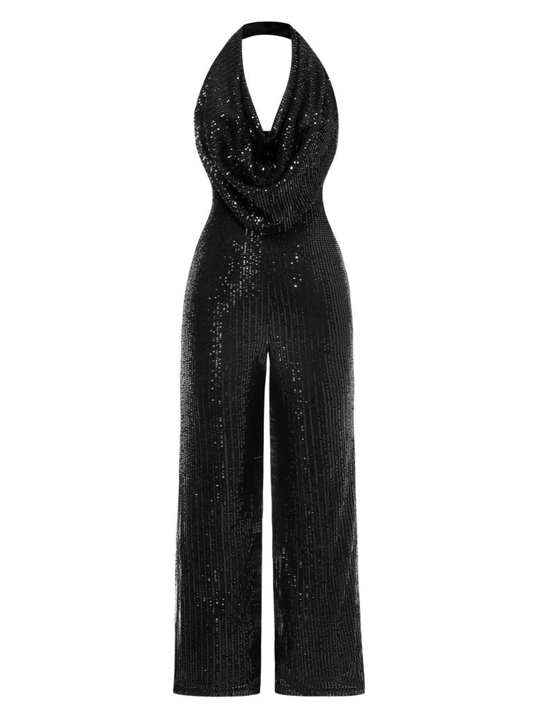 1930er Solide Wasserfallausschnitt Halfter Pailletten Jumpsuit