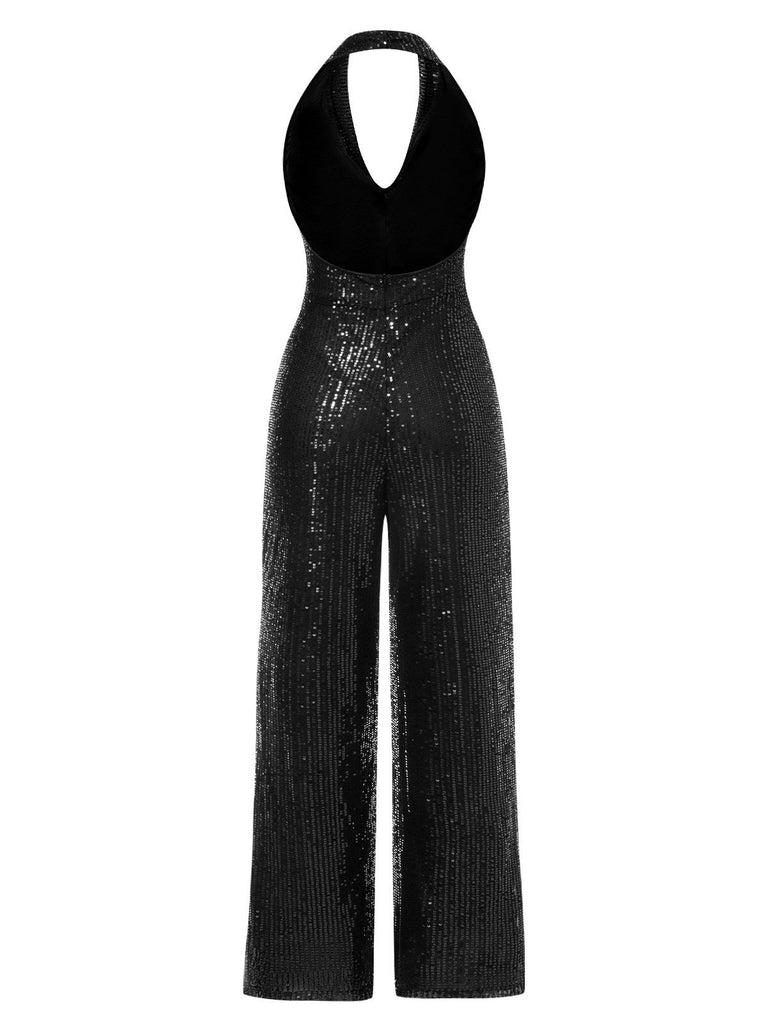 1930er Solide Wasserfallausschnitt Halfter Pailletten Jumpsuit