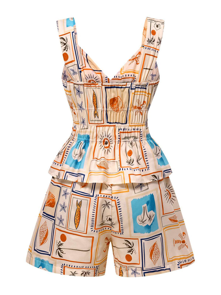 2PCS Multicolor 1940er Marine Life Top & Shorts