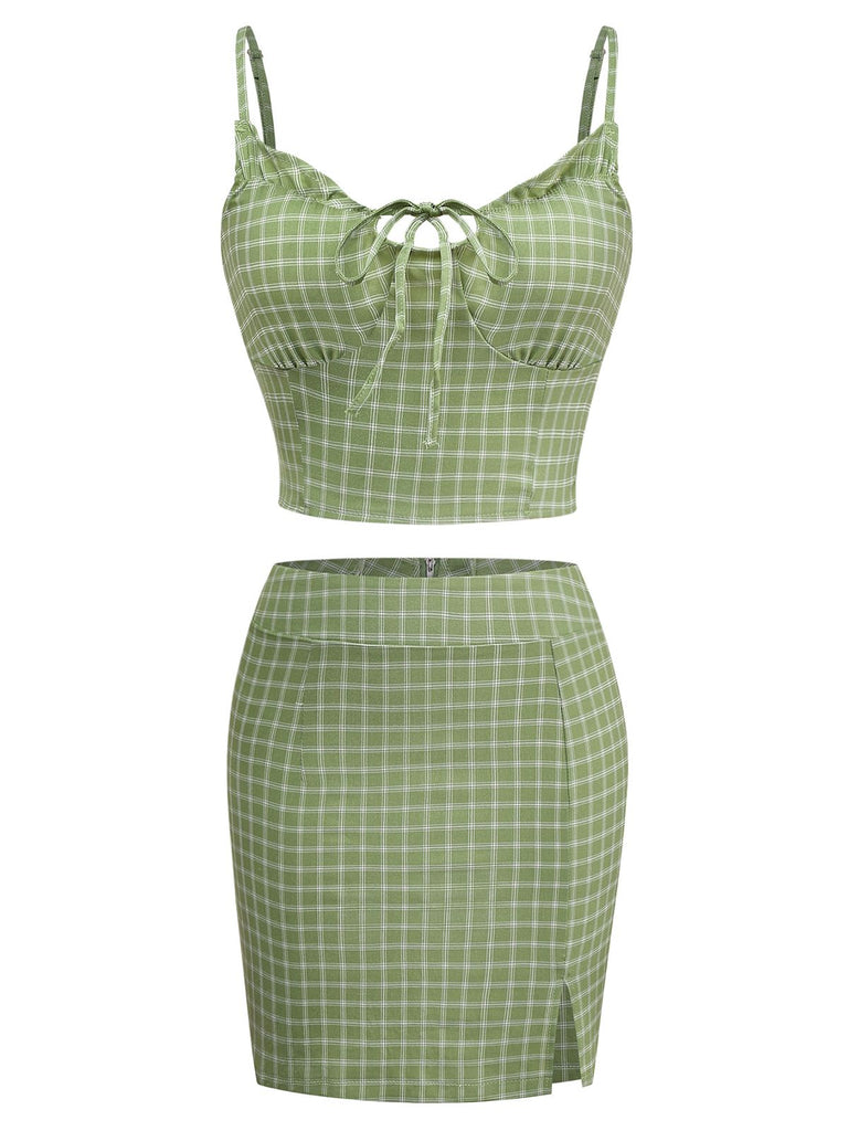 2PCS Grün 1960er Plaid Leibchen & Figurbetont Rock