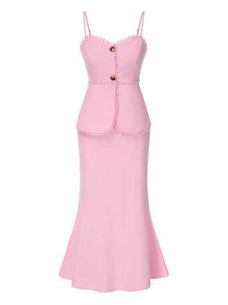 2PCS Rosa 1930er Solide Baumwolle Leibchen & Fuchsschwanz Rock