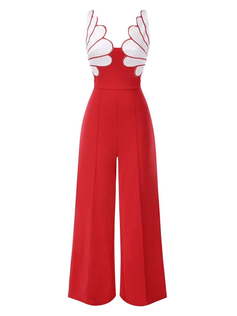 1930er Blumen Patchwork V-Ausschnitt Träger Jumpsuit