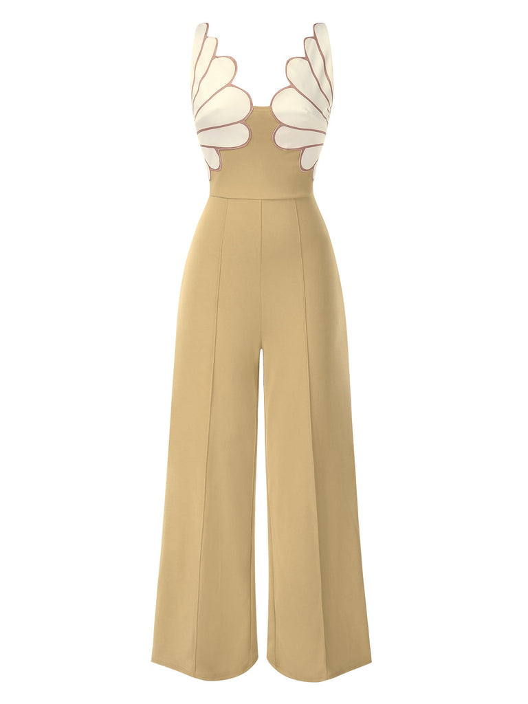 1930er Blumen Patchwork V-Ausschnitt Träger Jumpsuit