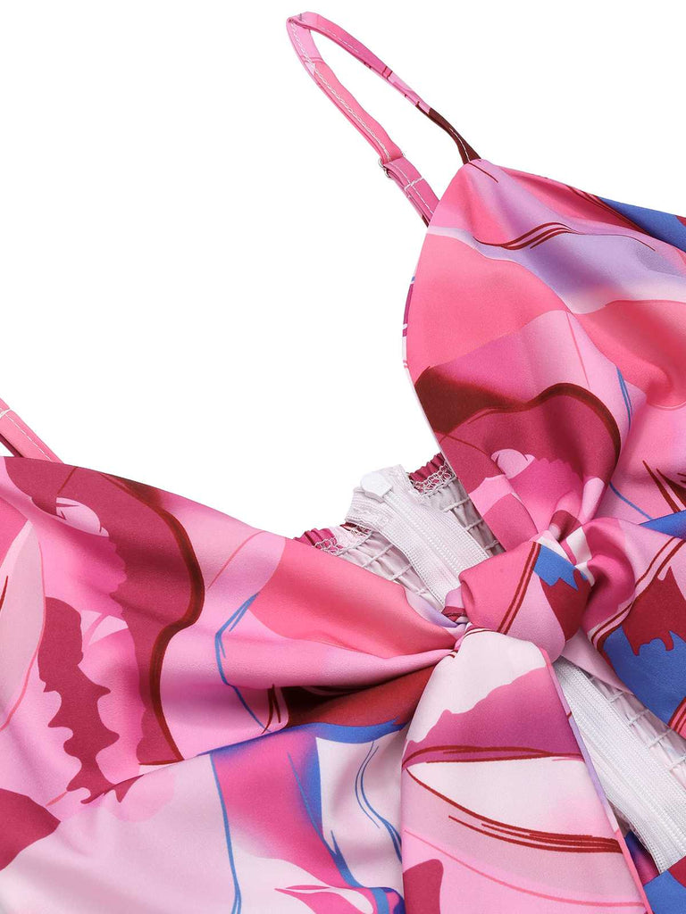 Rosa 1970er Gurt Psychedelischer Druck Front-Tie Jumpsuit