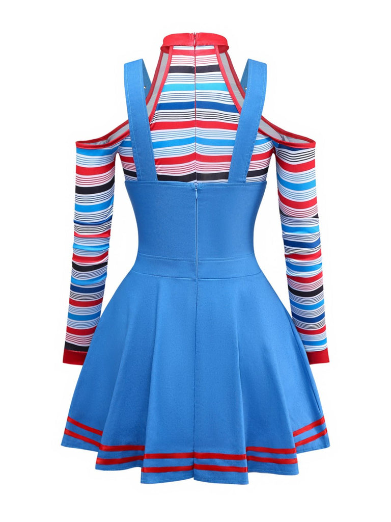 2PCS Blau 1960er Halloween Chucky Streifen Top & Breite Träger Kleid