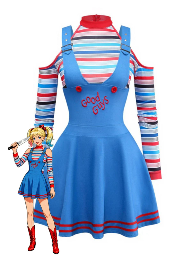 2PCS Blau 1960er Halloween Chucky Streifen Top & Breite Träger Kleid