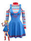 2PCS Blau 1960er Halloween Chucky Streifen Top & Breite Träger Kleid