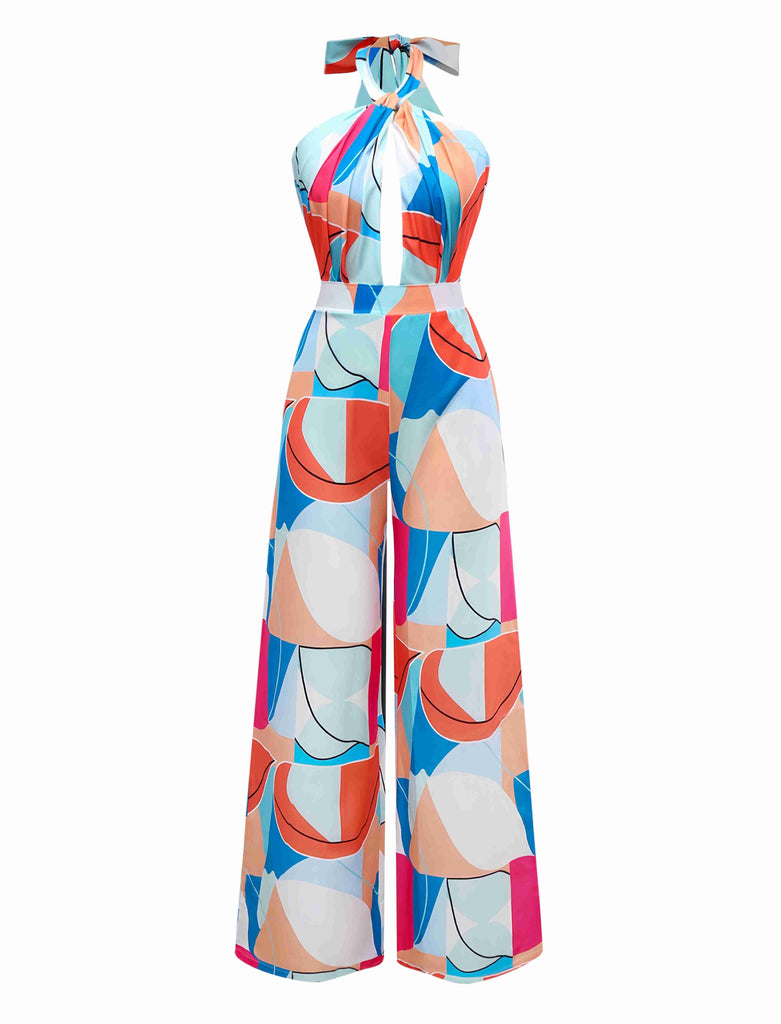 Multicolor 1960er Geometrisch Abstrakt Drucken Halter Jumpsuit