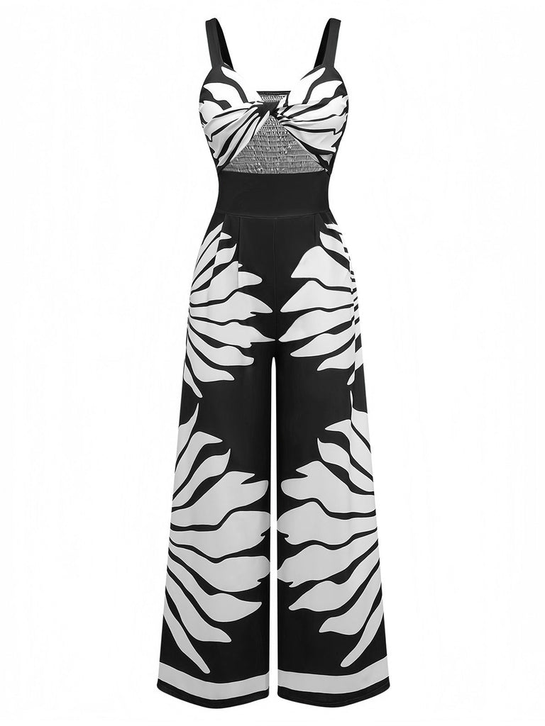 1930er Breite Träger Hohl Twist Gesmokt Blumen Jumpsuit