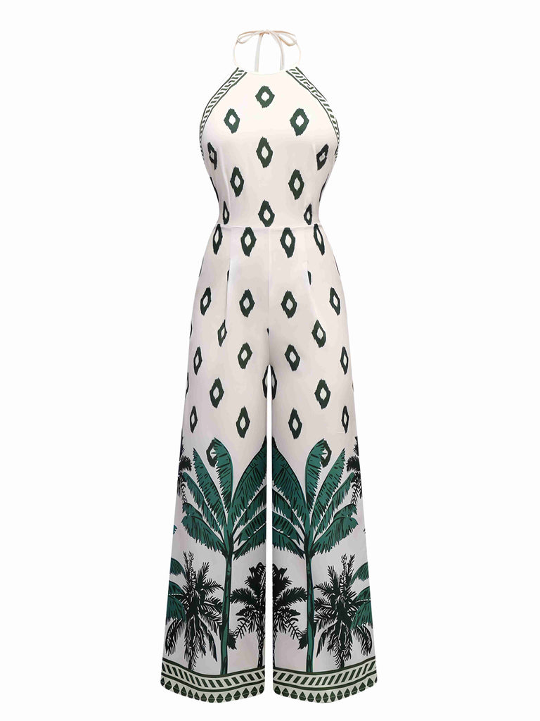 Grün 1930er Palmen Halter Jumpsuit