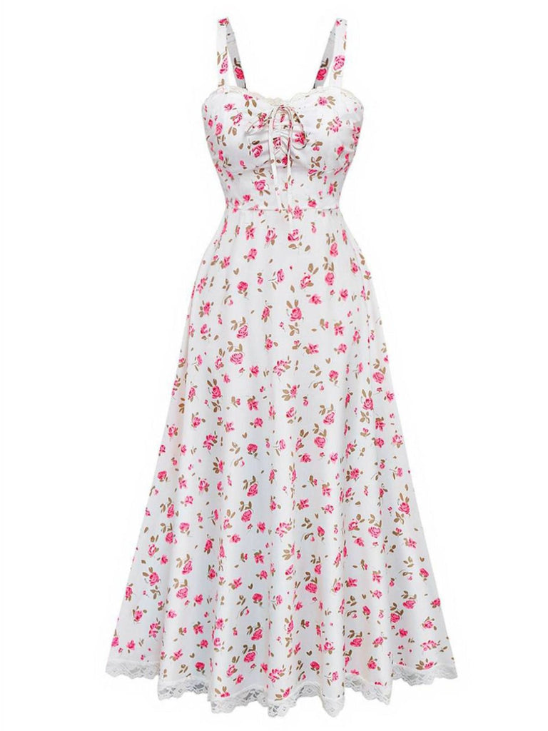 Rosa 1940er Rose Träger Spitze Patchwork Kleid