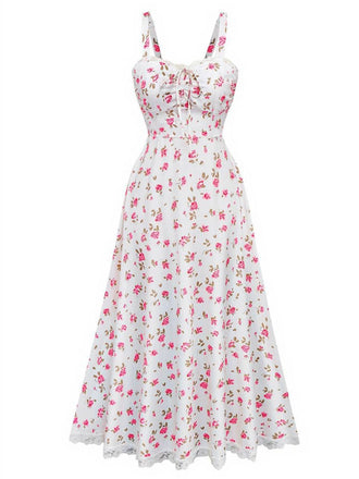 Rosa 1940er Rose Träger Spitze Patchwork Kleid