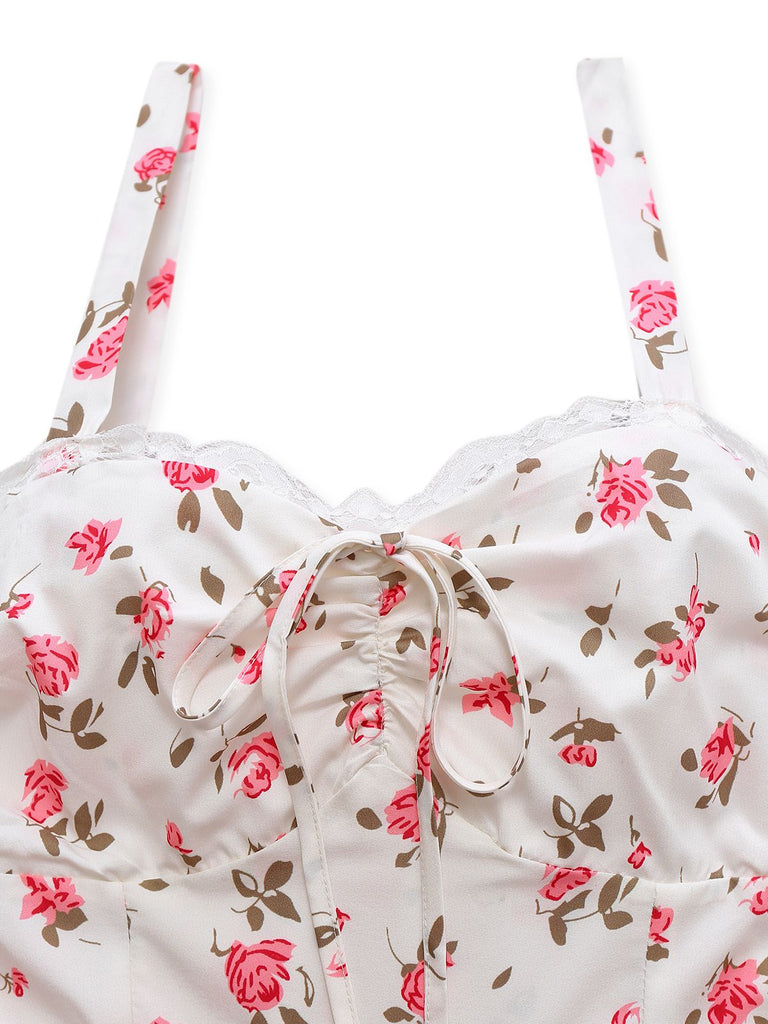 Rosa 1940er Rose Träger Spitze Patchwork Kleid