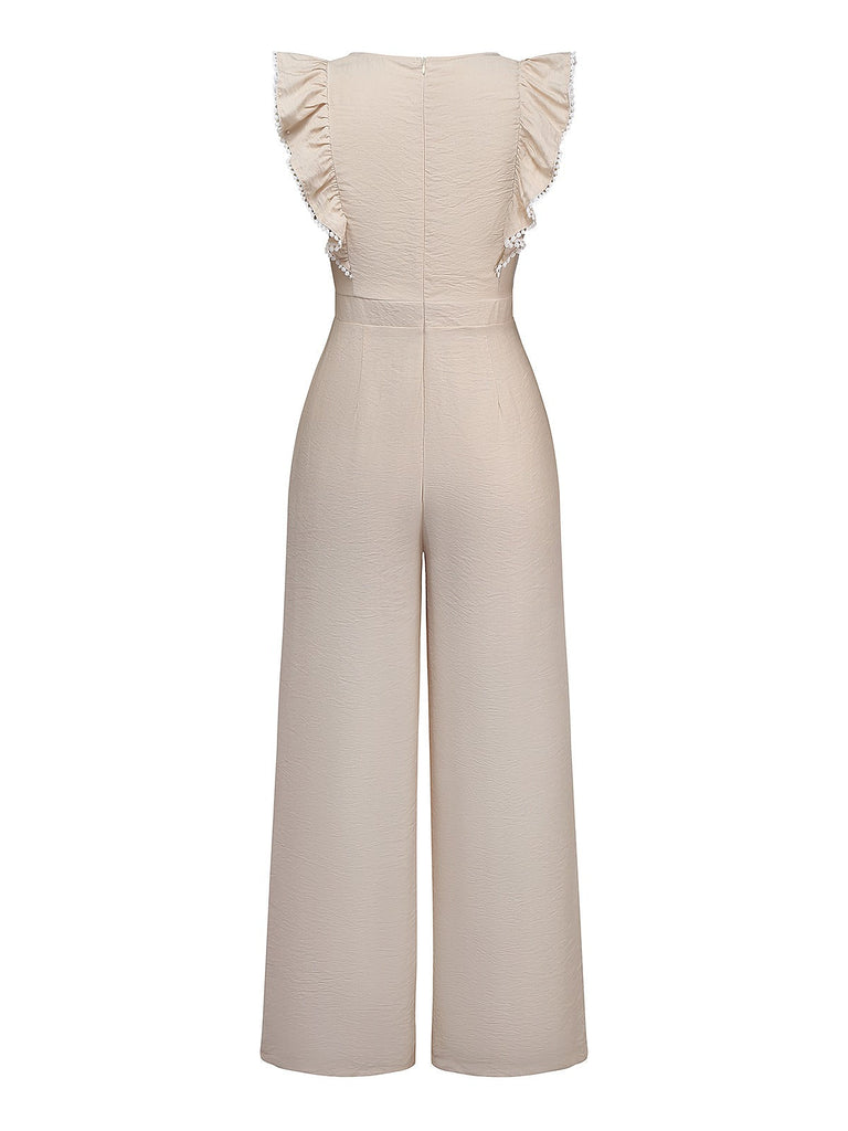 Beige 1950er Solide Rüschen Flügelärmel Jumpsuit