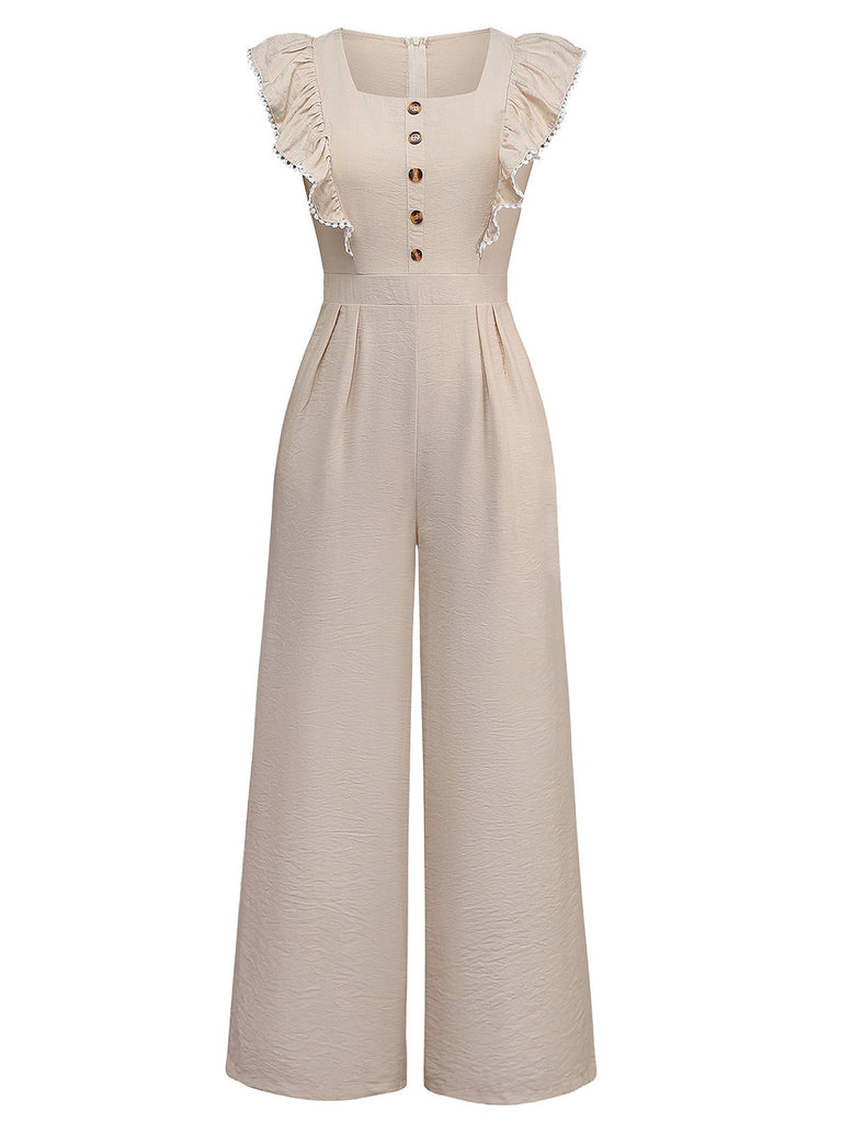 Beige 1950er Solide Rüschen Flügelärmel Jumpsuit