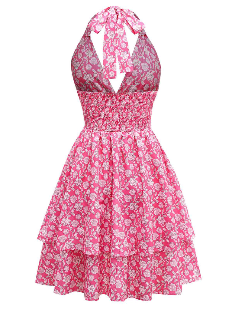 Pfirsichrosa 1960er Gesmokt Blumen Halter Kleid