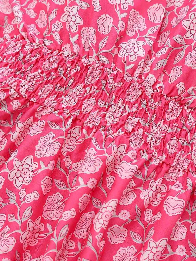 Pfirsichrosa 1960er Gesmokt Blumen Halter Kleid