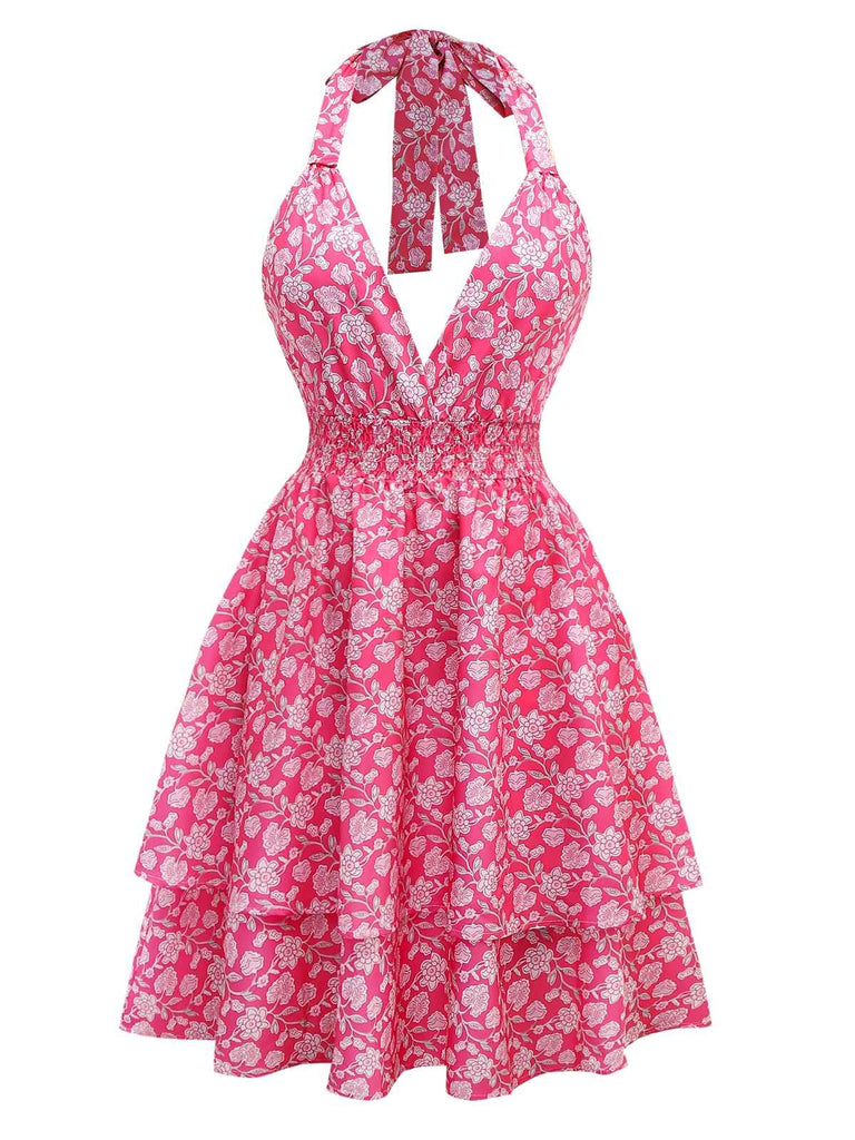 Pfirsichrosa 1960er Gesmokt Blumen Halter Kleid