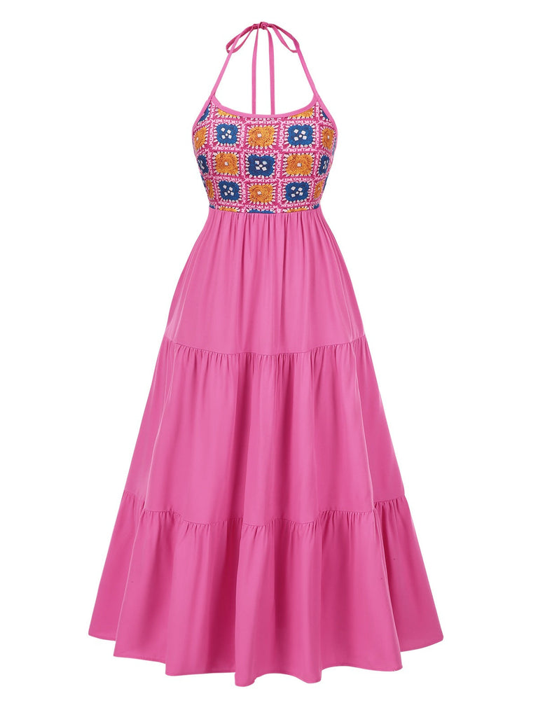 Rosenrot 1970er Halfter Plaids Blumen Kleid