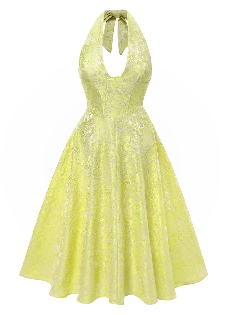 1950er Solide Halfter Tief V-Ausschnitt Jacquard Gedruckt Kleid