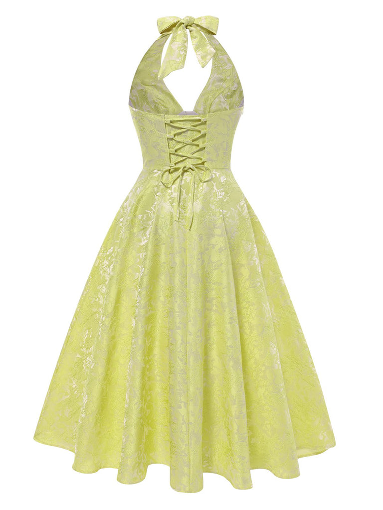1950er Solide Halfter Tief V-Ausschnitt Jacquard Gedruckt Kleid