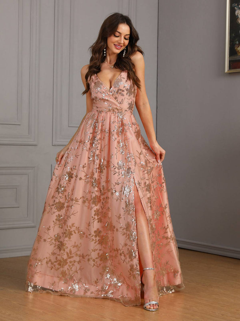 Rosa 1930er Pailletten Blumen Netz Hoher Schlitz Kleid