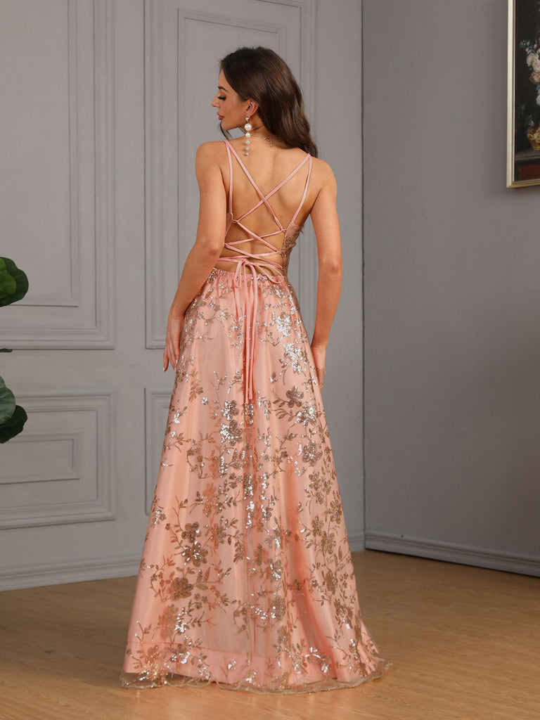 Rosa 1930er Pailletten Blumen Netz Hoher Schlitz Kleid