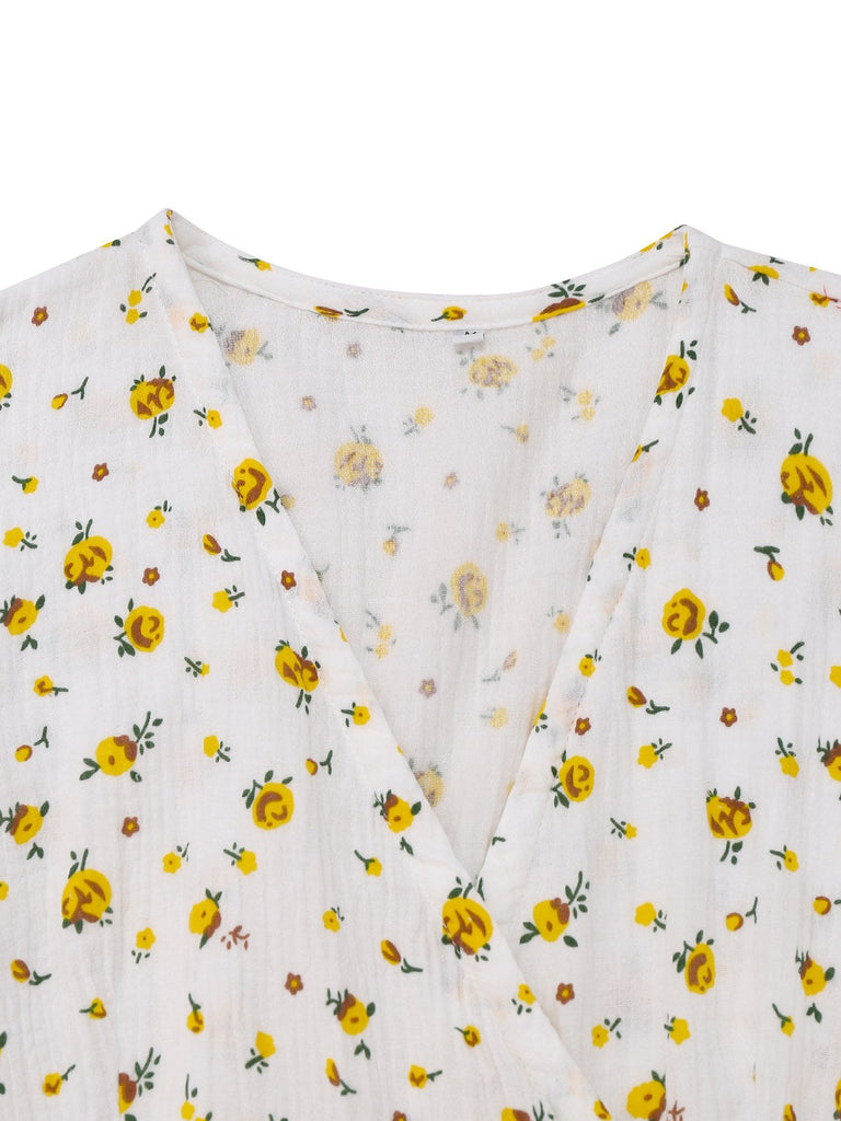 Weiß 1940er Kleine Blumen Baumwolle Wickel Kleid