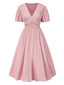 Rosa 1950er Nadelstreifen V-Ausschnitt Puffärmel Gerüschtes Kleid