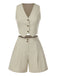2PCS Helles Khaki 1950er Solide V-Ausschnitt Weste & Shorts