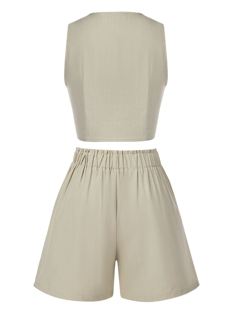 2PCS Helles Khaki 1950er Solide V-Ausschnitt Weste & Shorts