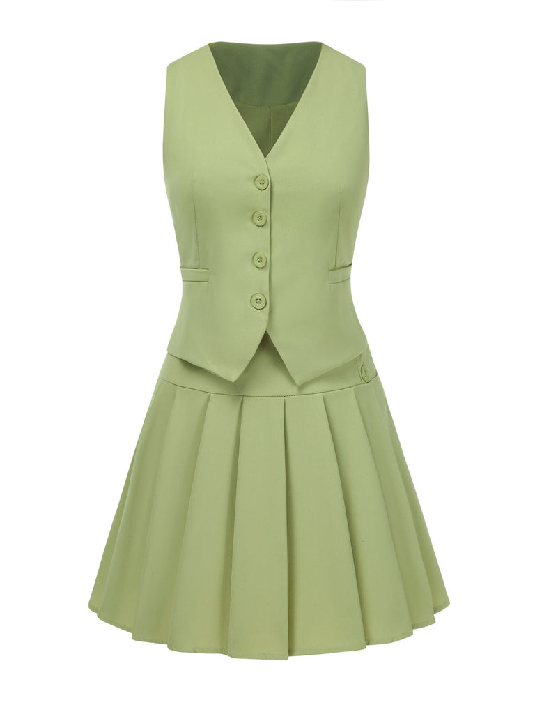 2PCS 1960er Solide Tasten Weste & Plissiertes Felsen