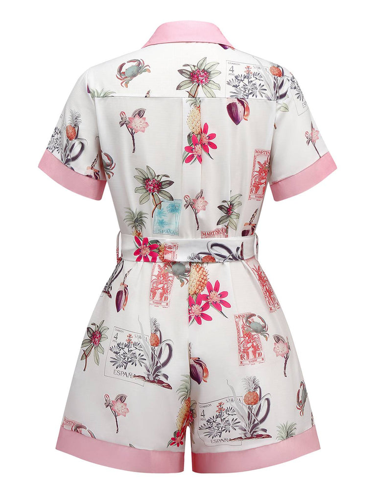 Rosa 1950er Ananas Blume Gürtel Revers Romper